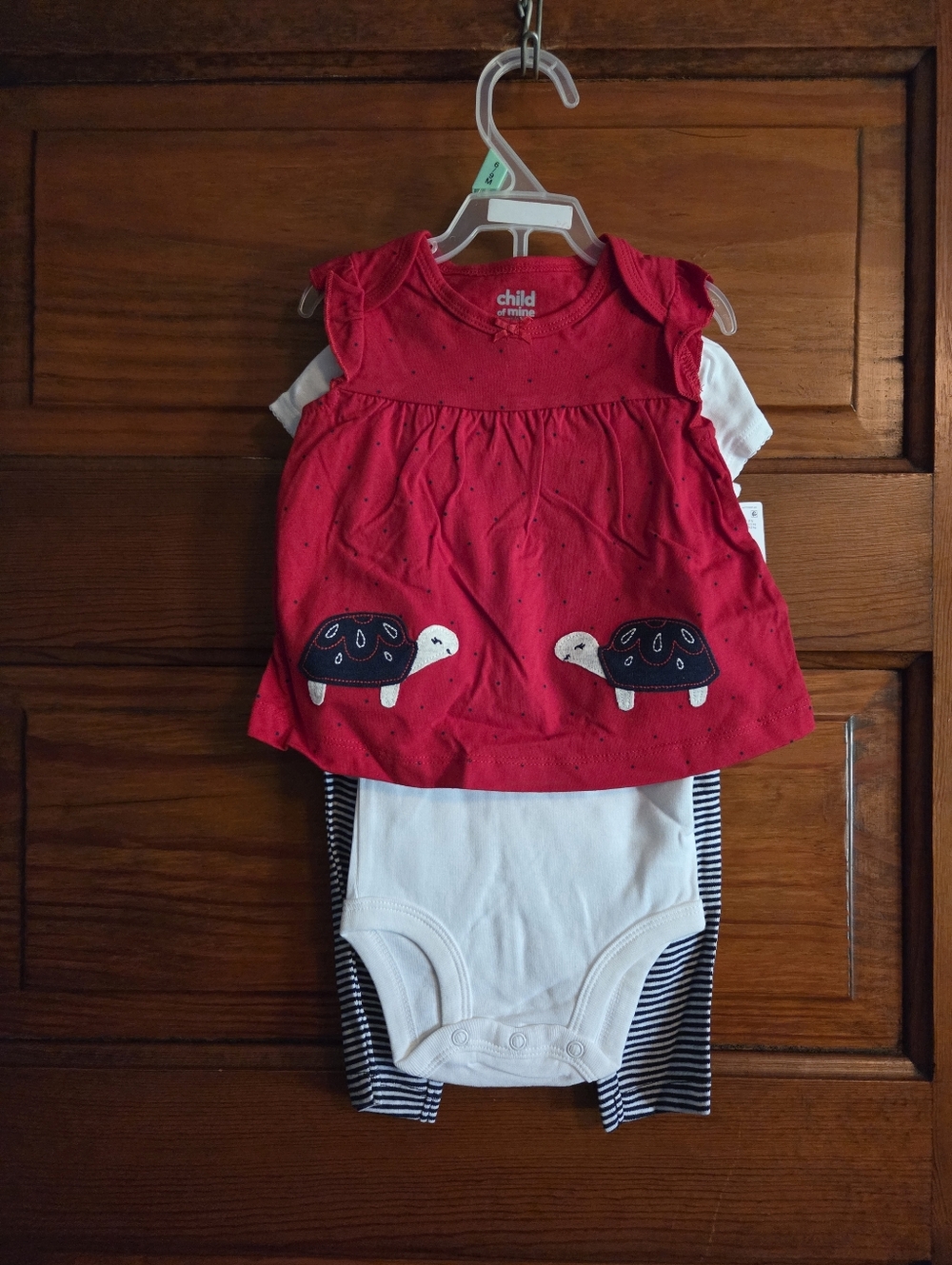 Child of Mine Red Turtle Top, White Bodysuit & Ruffled Striped Pants 3 Pc Set